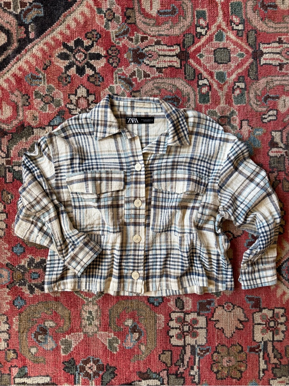 Zara Cropped Plaid Button-Up Shirt - Cream & Navy